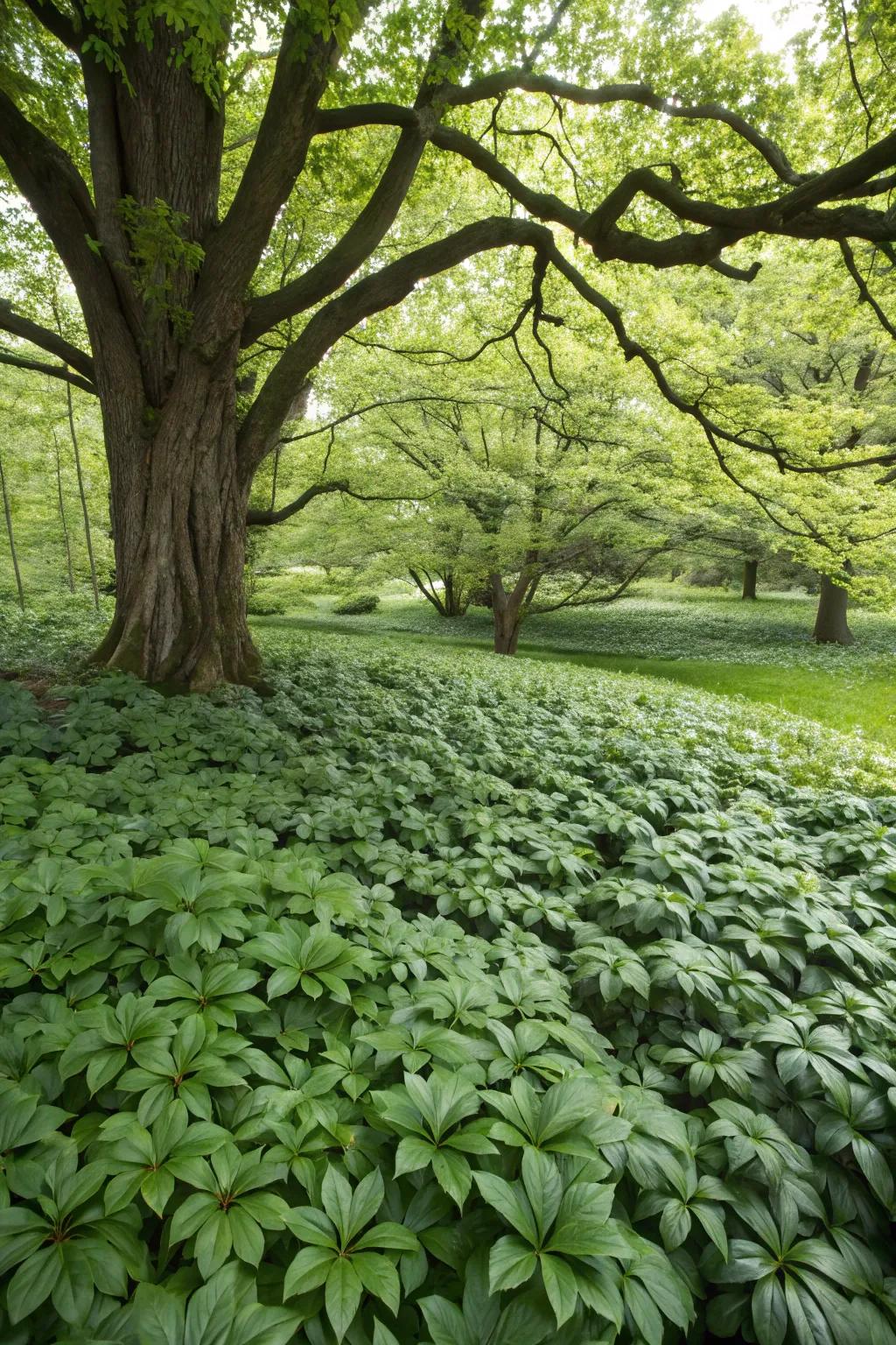 Pachysandra creates a lush, green carpet under trees.