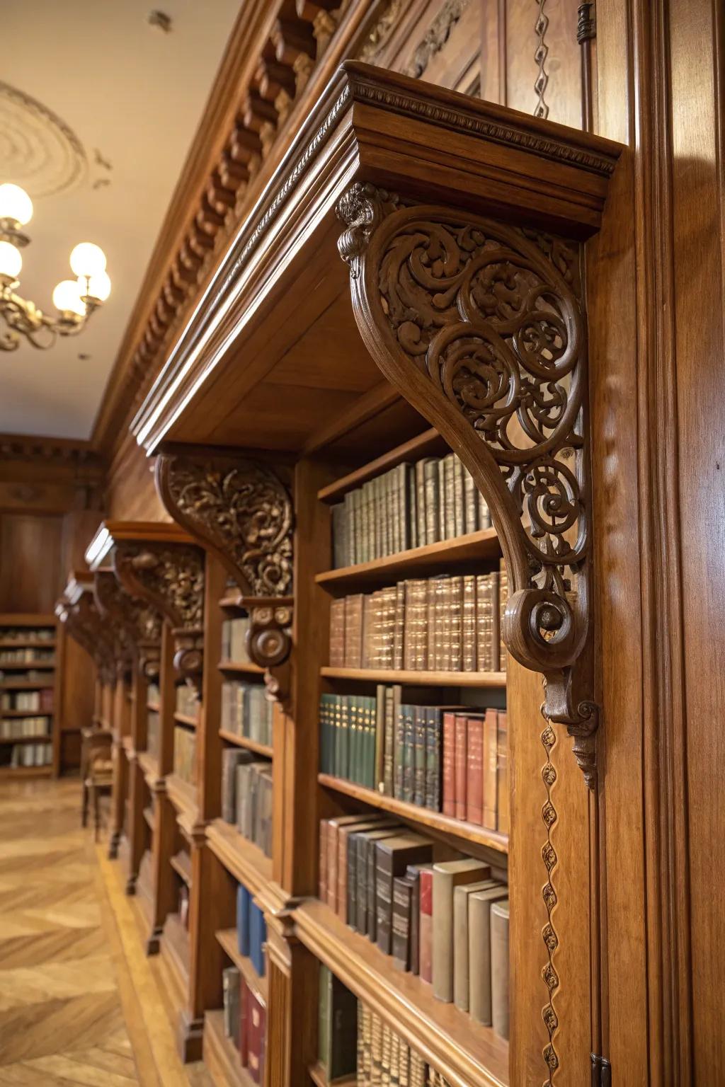 Scrollwork wooden shelf brackets add classic elegance to this library.