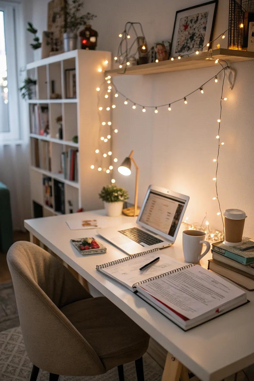 Add a bit of sparkle to your workspace with string lights.