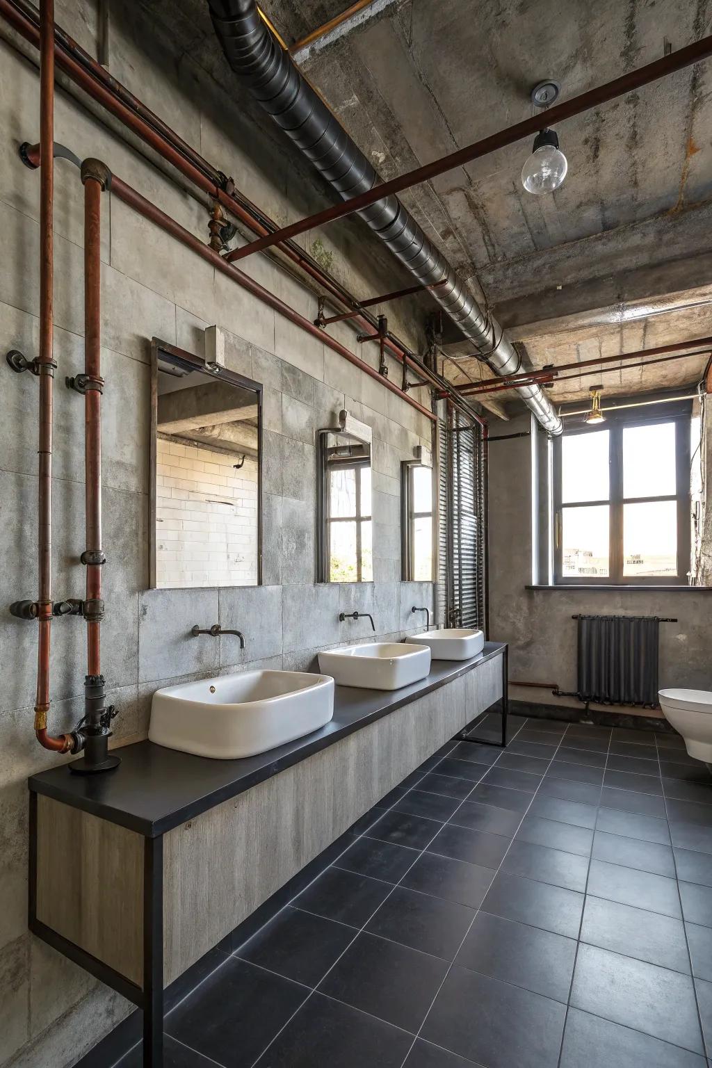 Exposed plumbing adds a bold and authentic industrial touch.