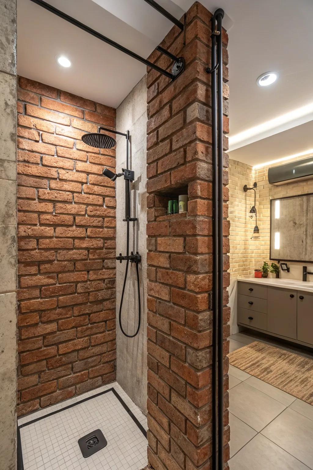 Faux brick panels offer a stylish and urban look for your shower.