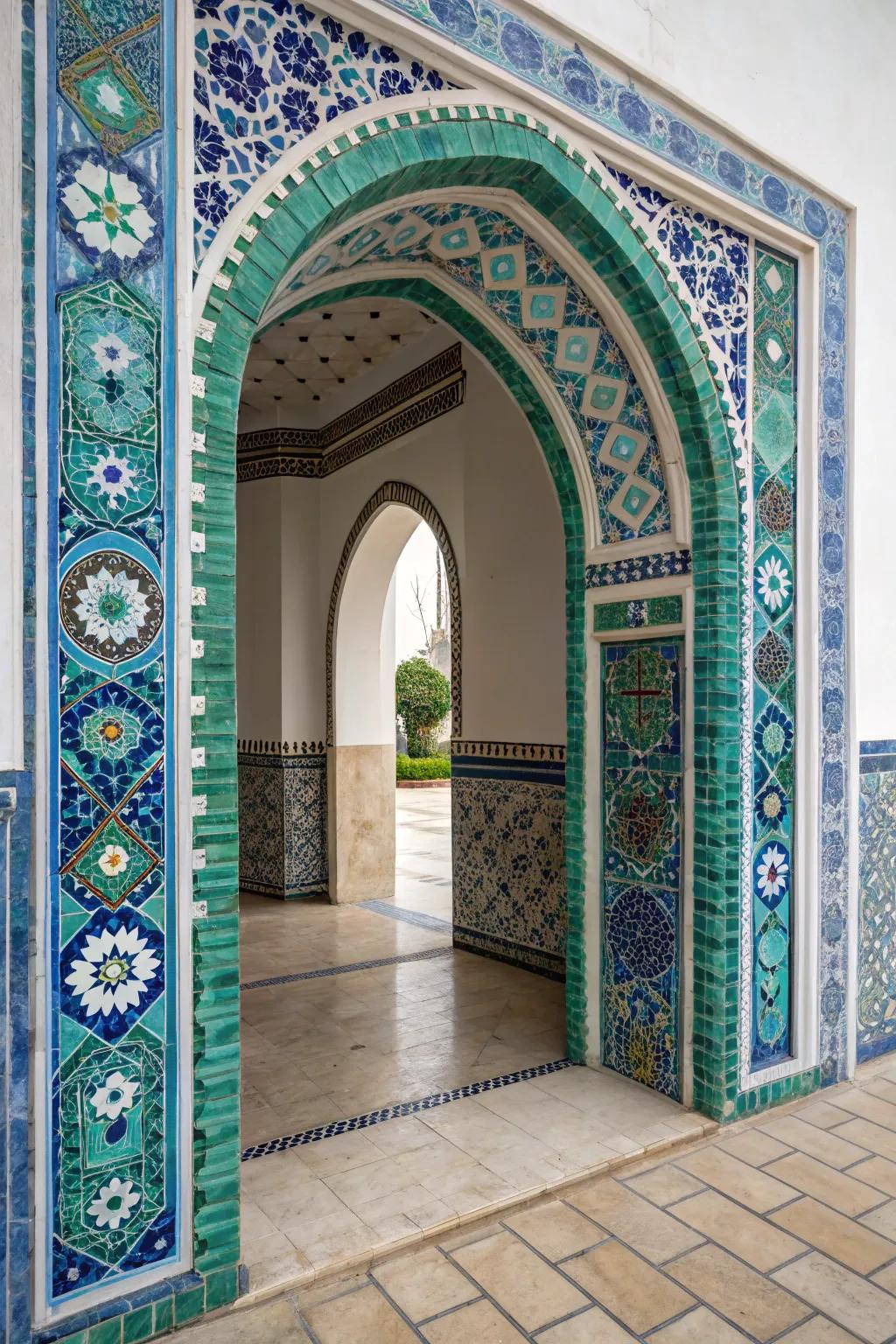 A vibrant tile mosaic transforms this archway into an artistic statement.