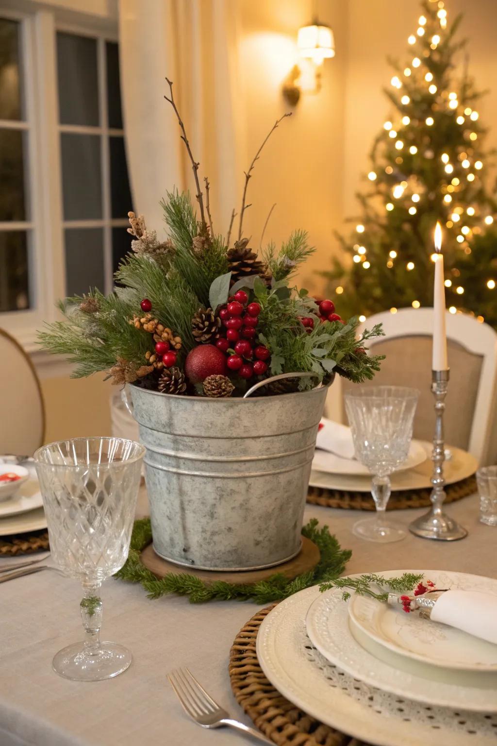 A galvanized bucket makes a versatile decorative centerpiece.