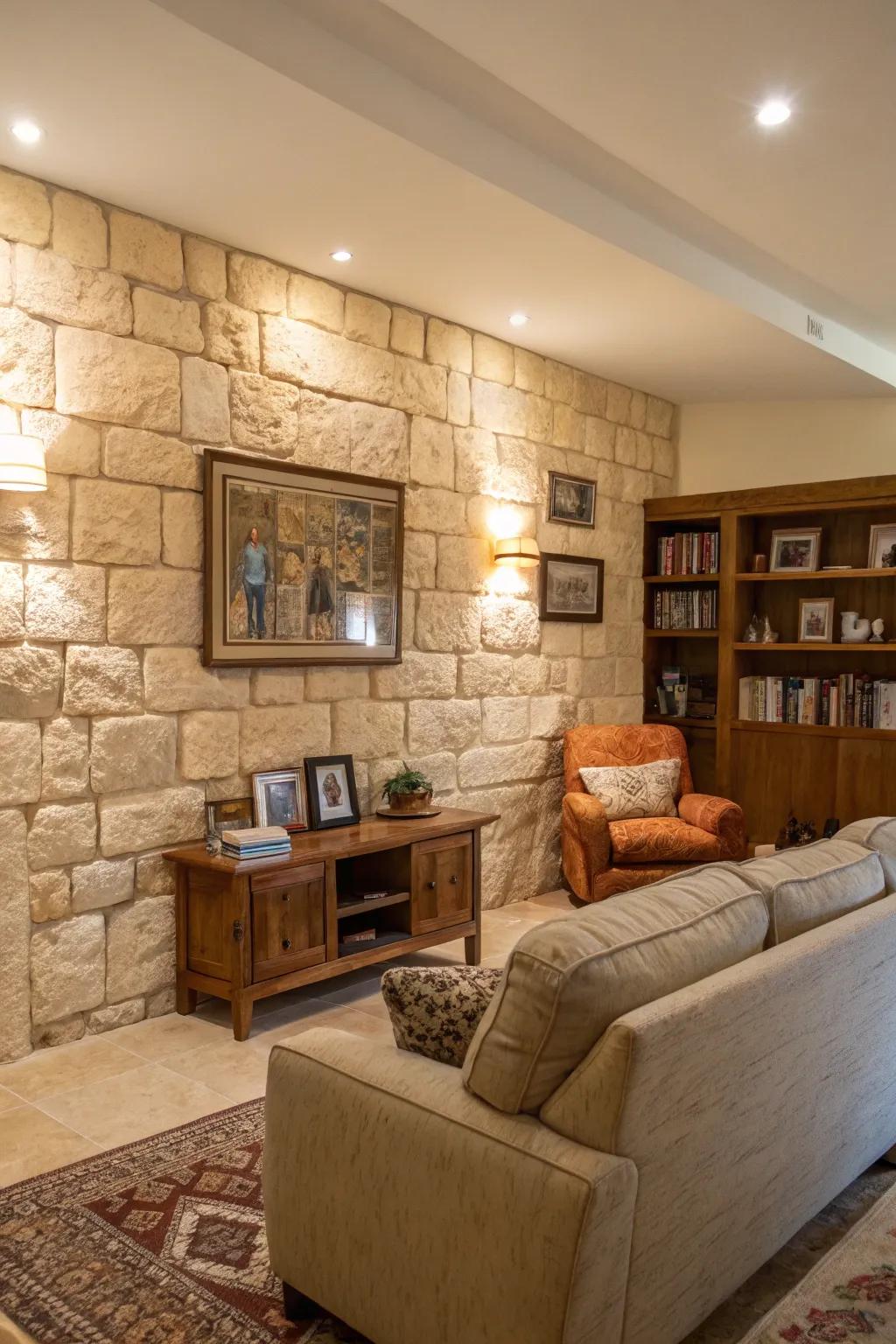 Creating a warm gathering space with a travertine stone wall.