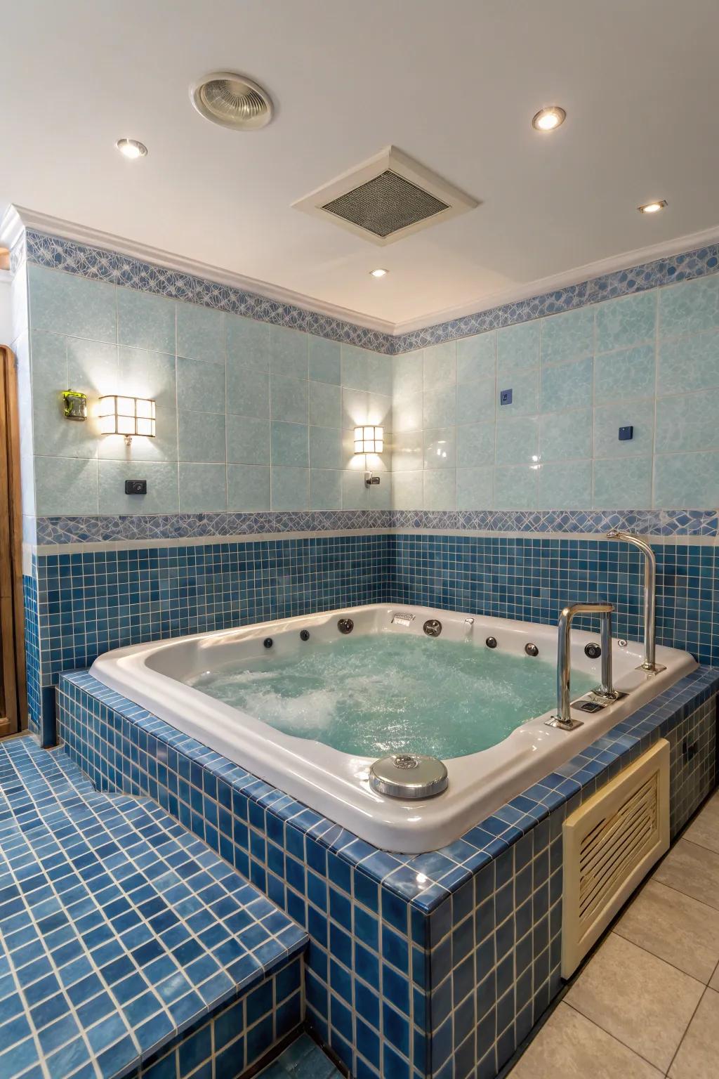 Blue tiles evoke calm and tranquility, enhancing a spa-like atmosphere.