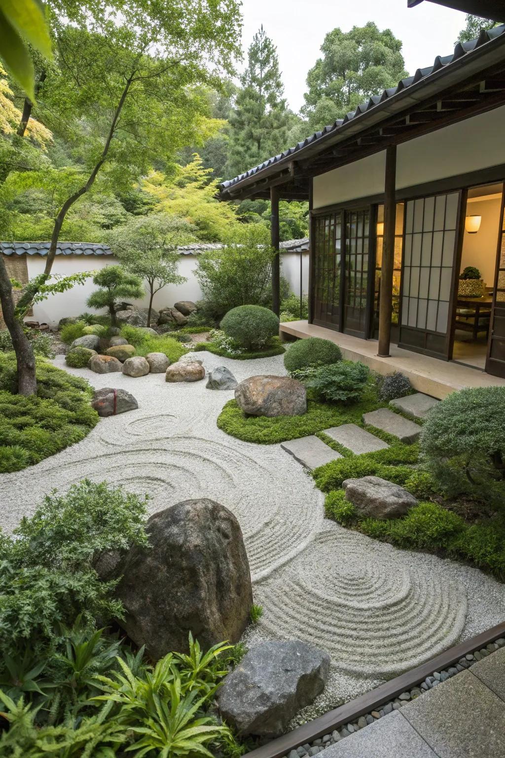 Asymmetrical design creating balance in a zen garden.