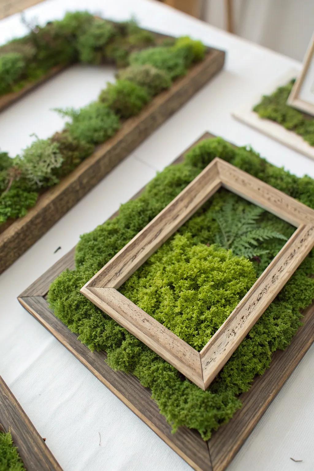 Unique picture frames enhanced with java moss, adding an organic touch.