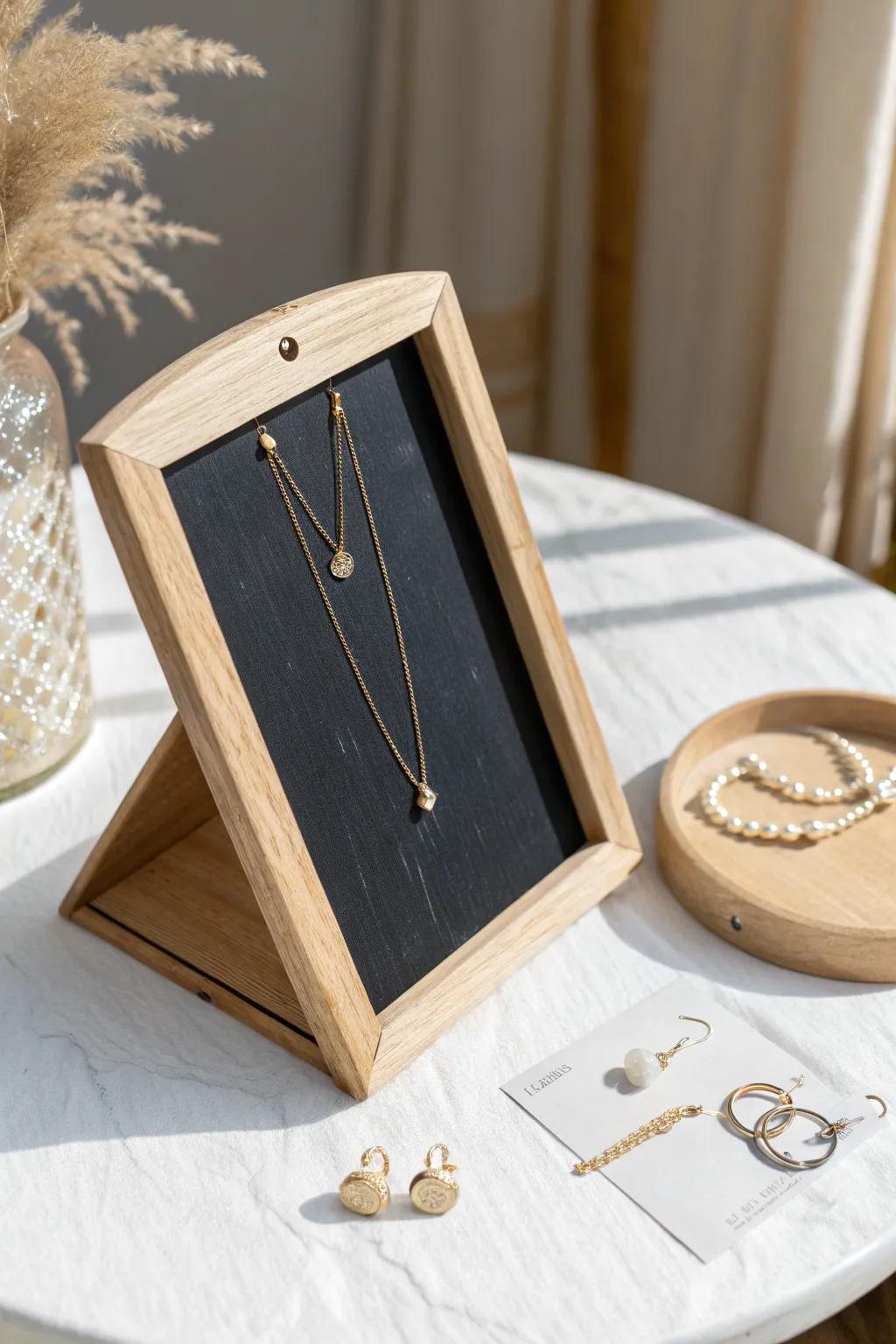 Embrace playful elegance with our Scandinavian-Boho chalkboard jewelry stand, perfect for showcasing your treasures with a personal touch.