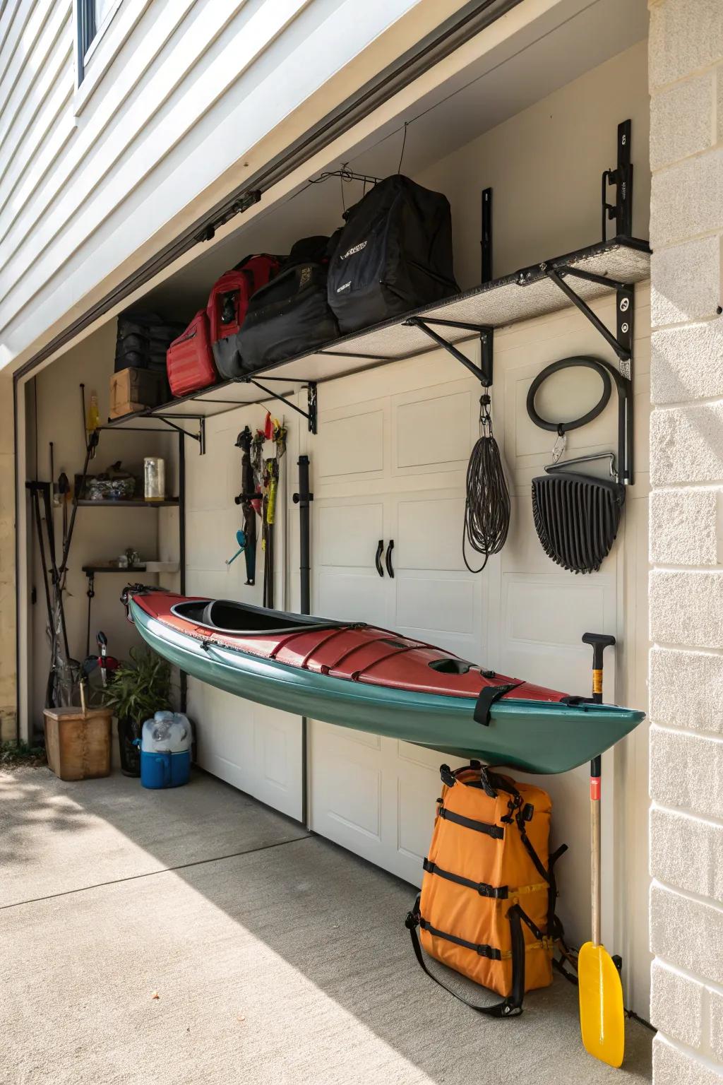 Versatile kayak storage with adjustable wall brackets.