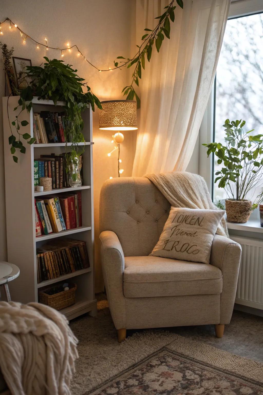 A cozy reading nook provides a perfect spot for relaxation in the keeping room.