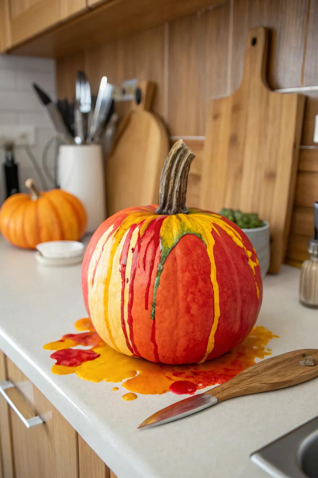 Squeeze paint creates this stunning drip effect on a pumpkin.