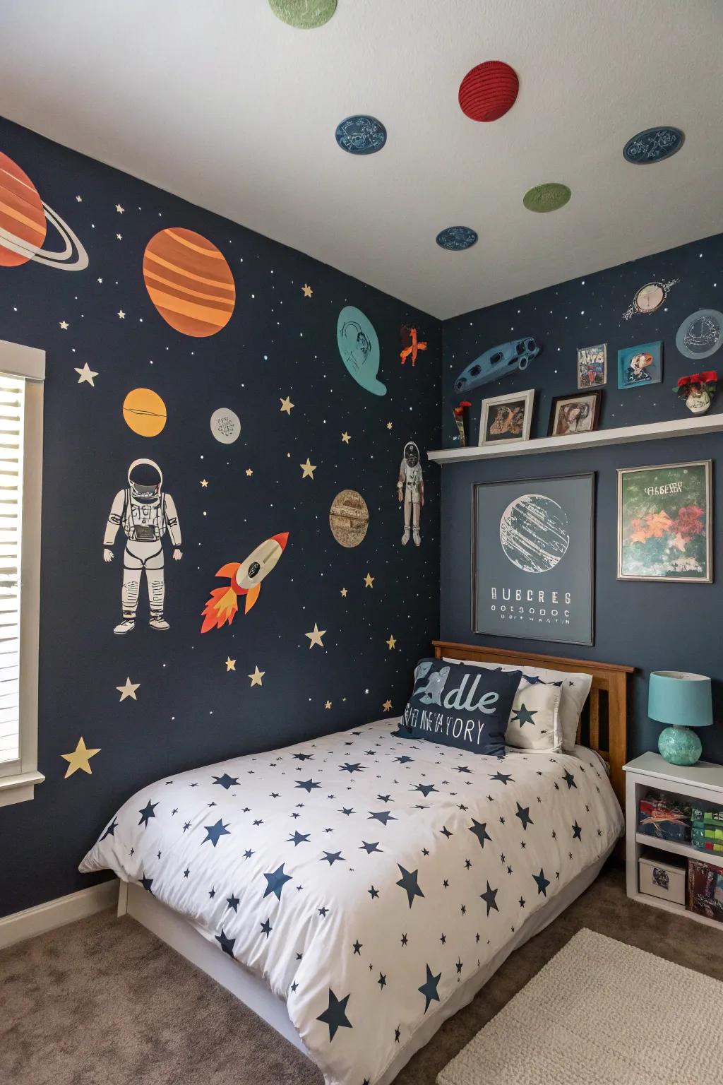 A space-themed bedroom for young astronomers dreaming of the stars.