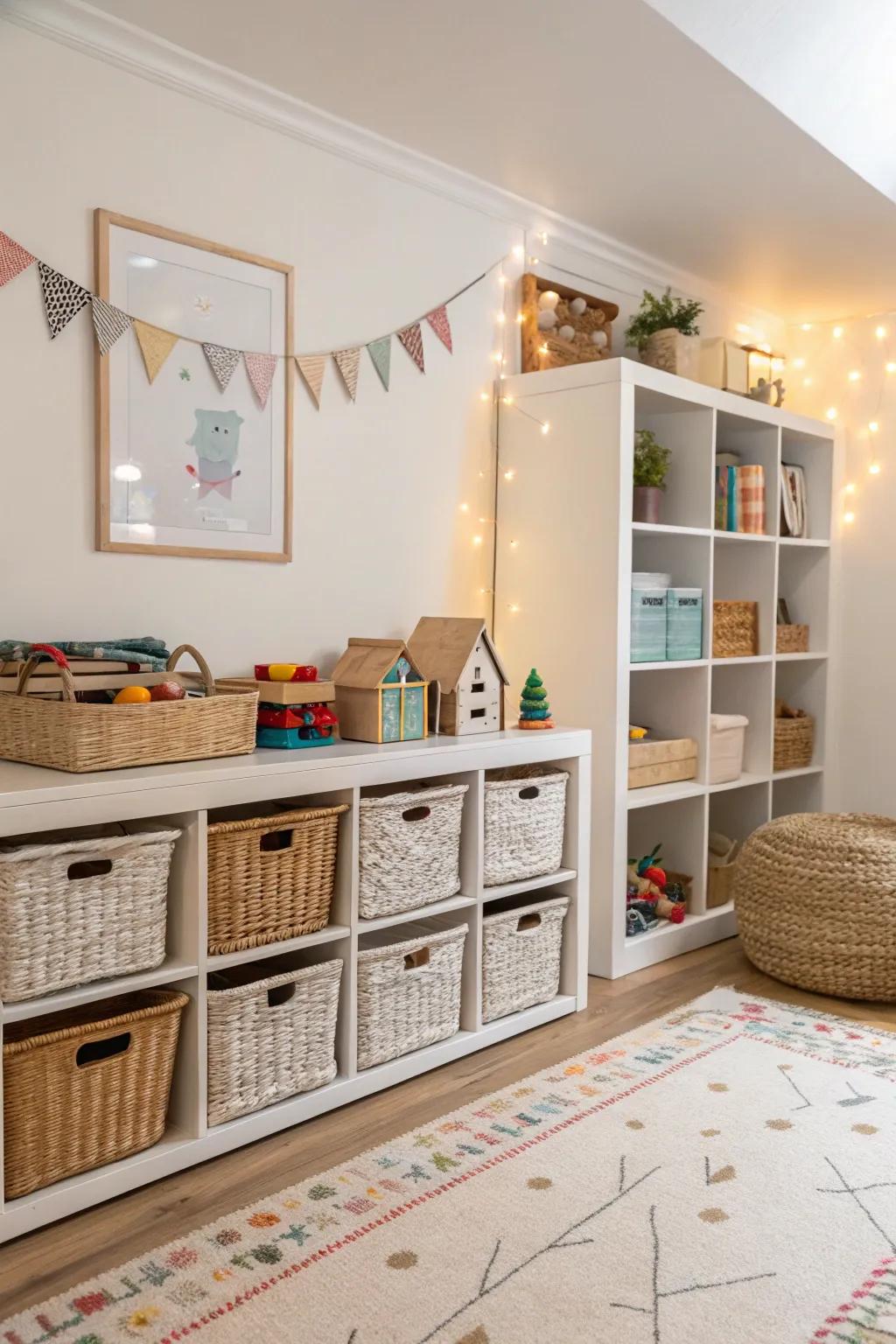 Stylish storage keeps the play area organized and inviting.