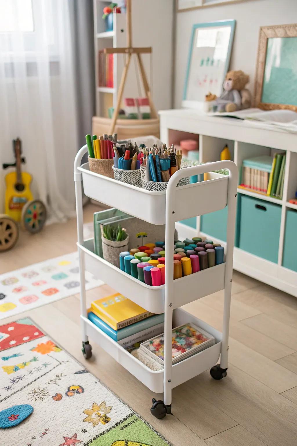 Rolling carts provide portable storage for creative activities.