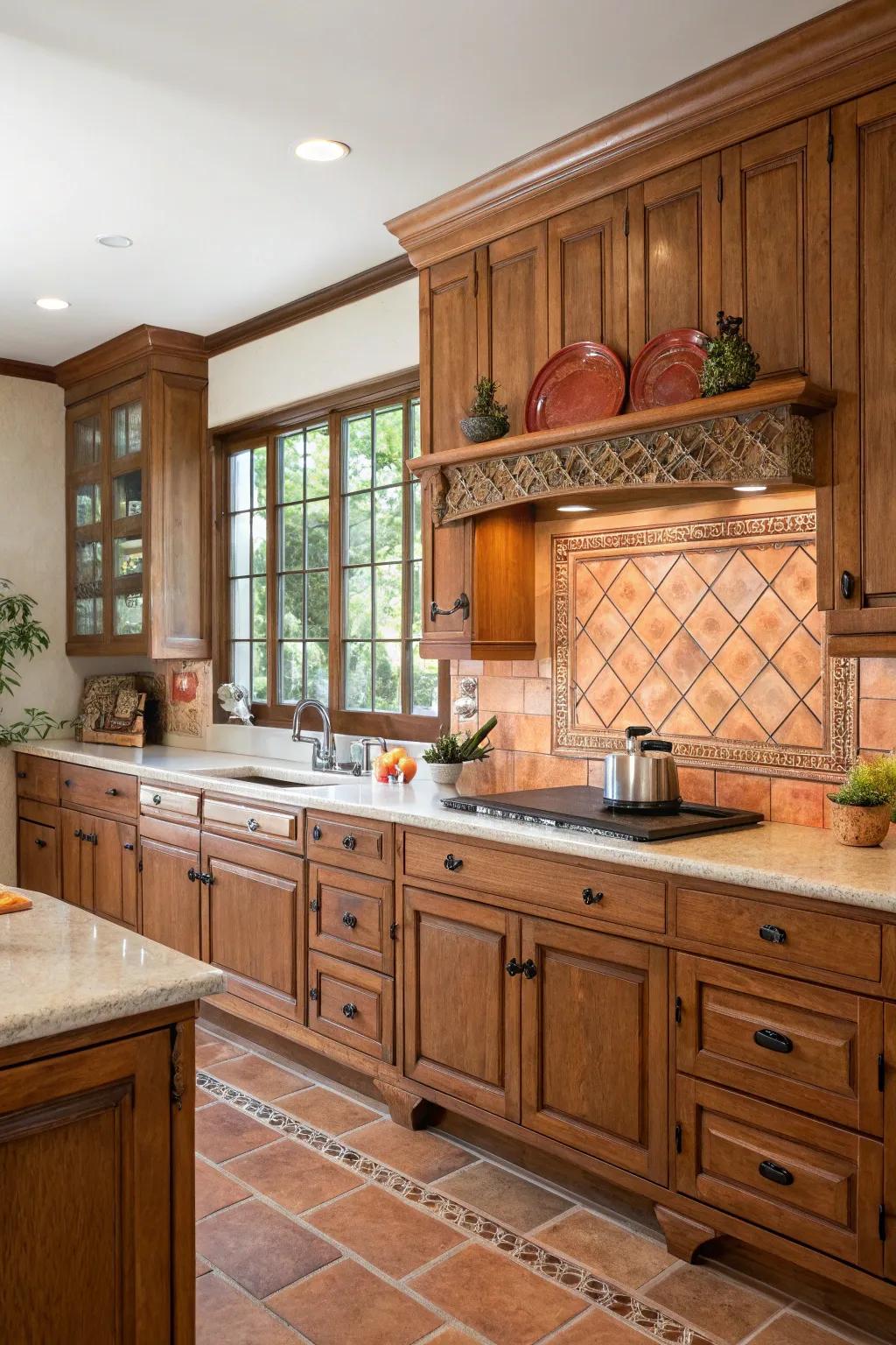 Terracotta tiles enhancing the warmth of oak cabinetry.