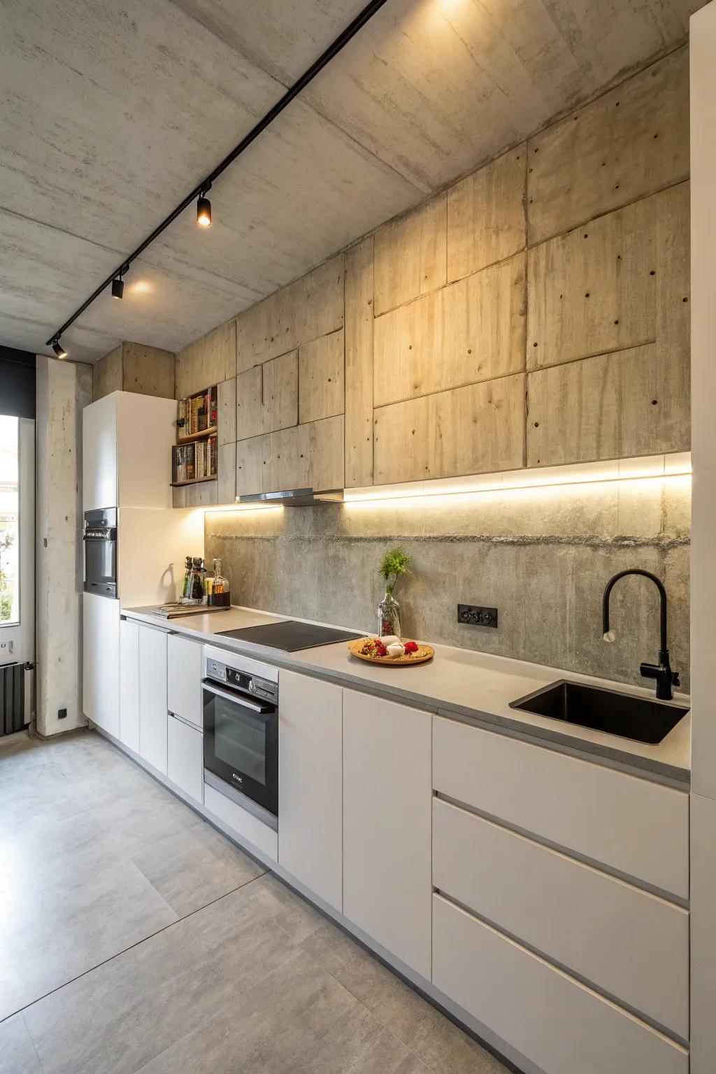 Exposed concrete offers a raw, urban touch to your kitchen.