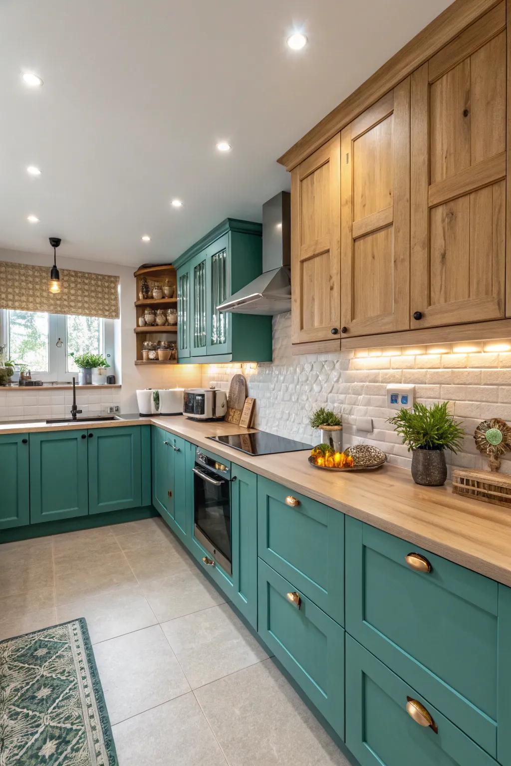 Crisp teal cabinets offer a refreshing pop of color.