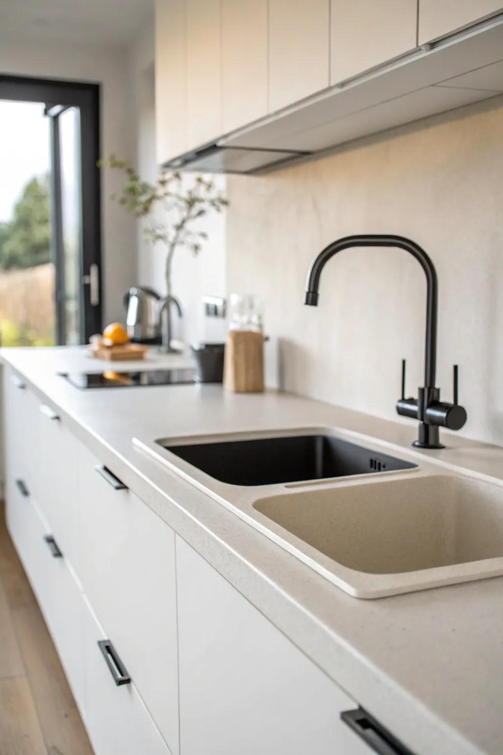 Solid surface countertops offer seamless design with practical functionality.