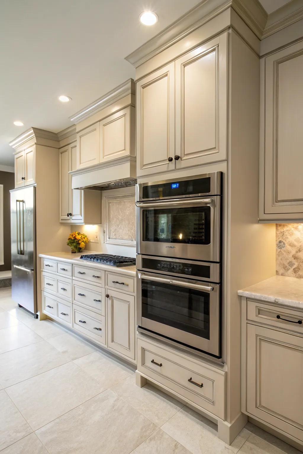 Mid-height installation of double ovens for ergonomic cooking.