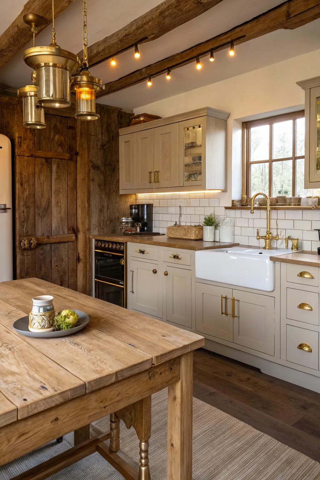 Gold hardware adds a luxurious touch to the cozy farmhouse kitchen style.