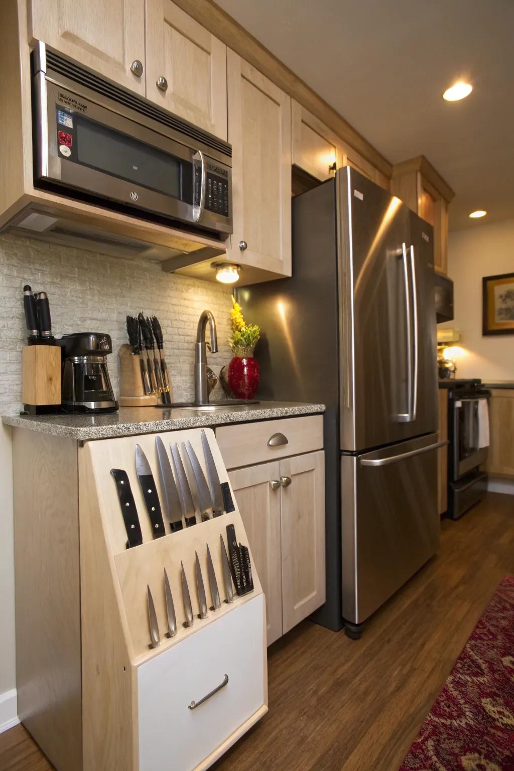 An under-cabinet dock keeping knives discreetly stored.