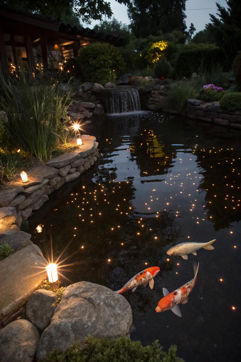 Fiber optic lights add a celestial touch beneath the pond's surface.