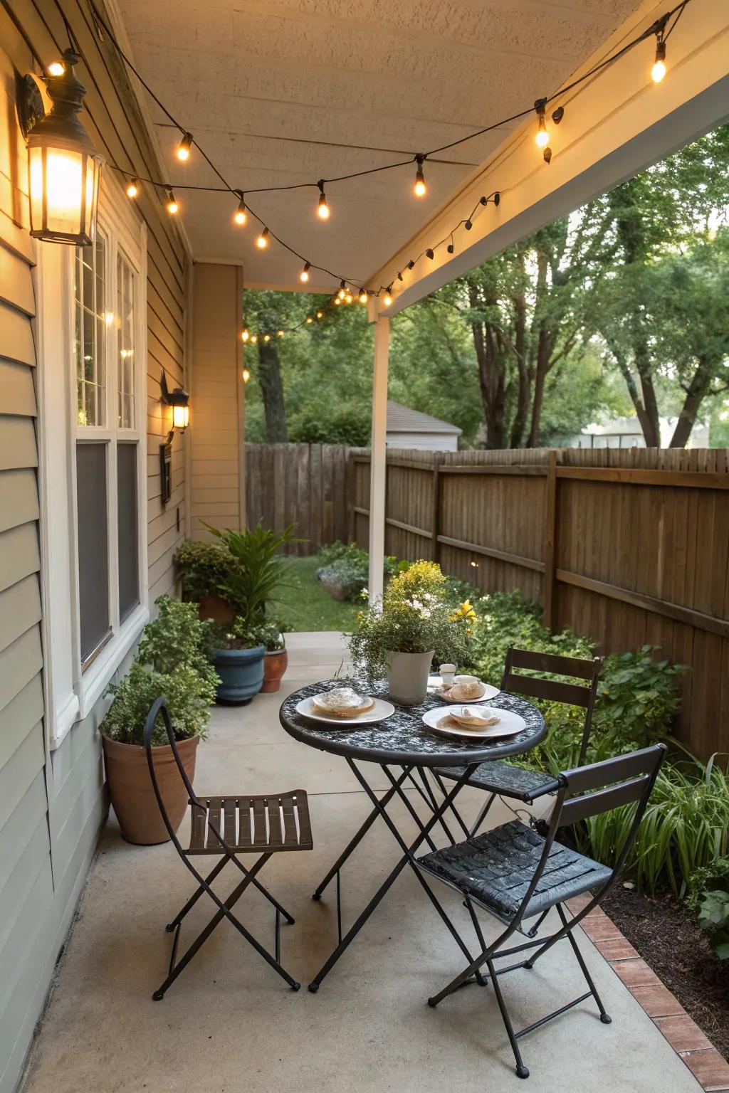 A cozy dining nook for outdoor meals.