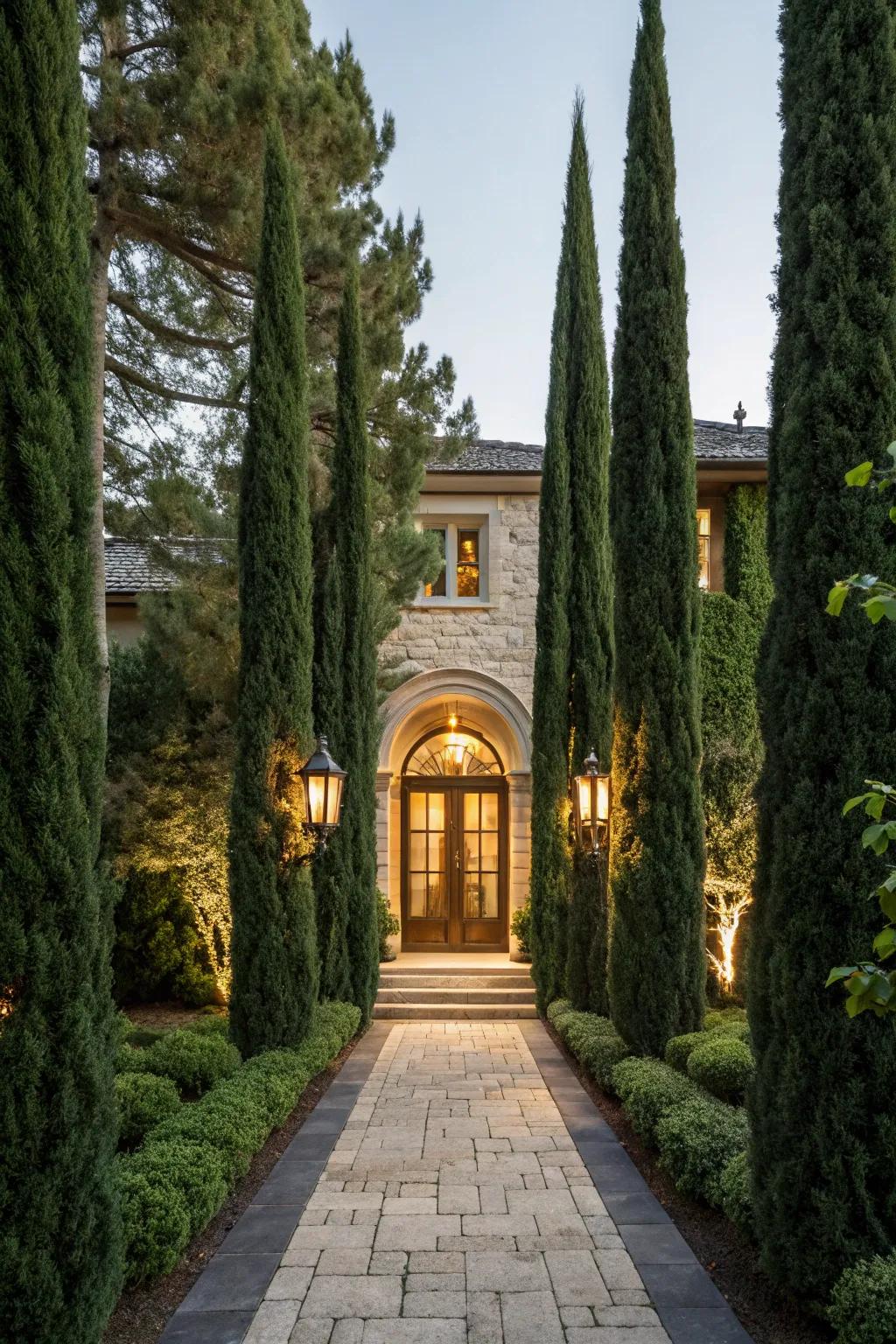 Arborvitae providing a stately accent to the home's entryway.