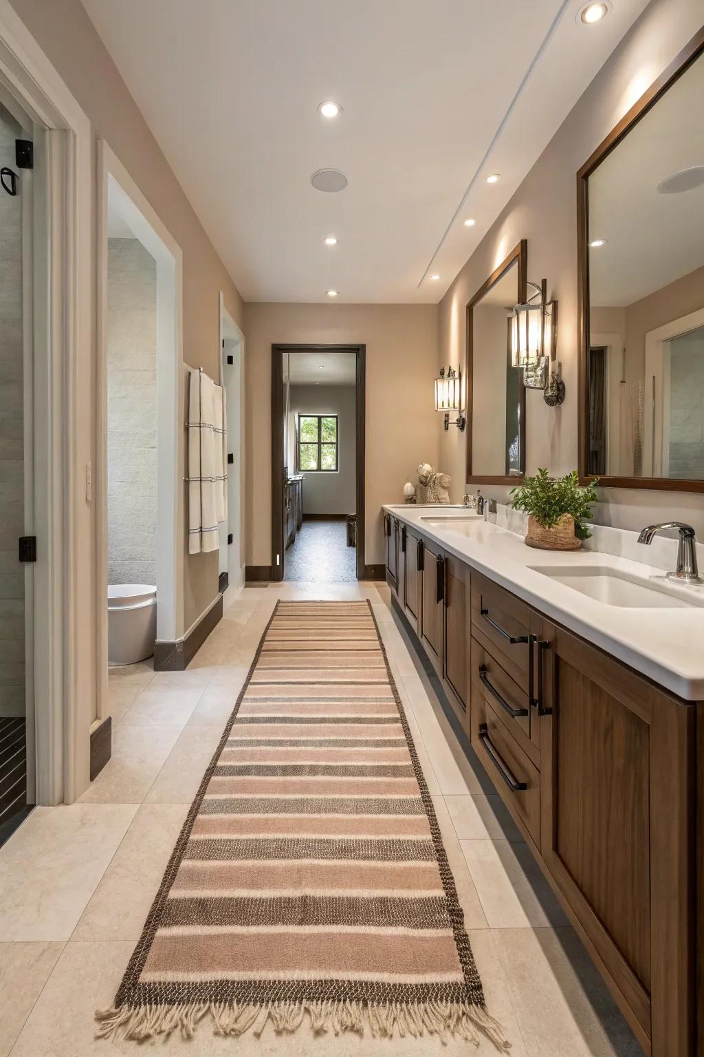 Striped rugs provide a timeless, orderly look to bathrooms.