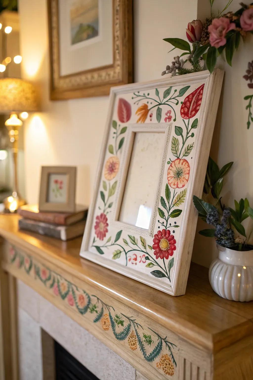 A hand-painted picture frame, ideal for displaying treasured memories.