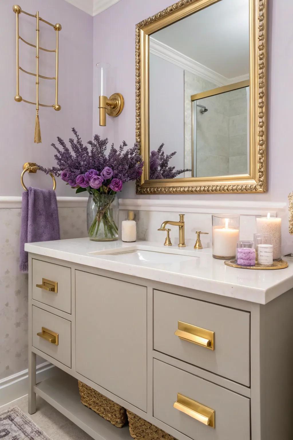 Metallics add a glamorous shine to the calming lavender palette.