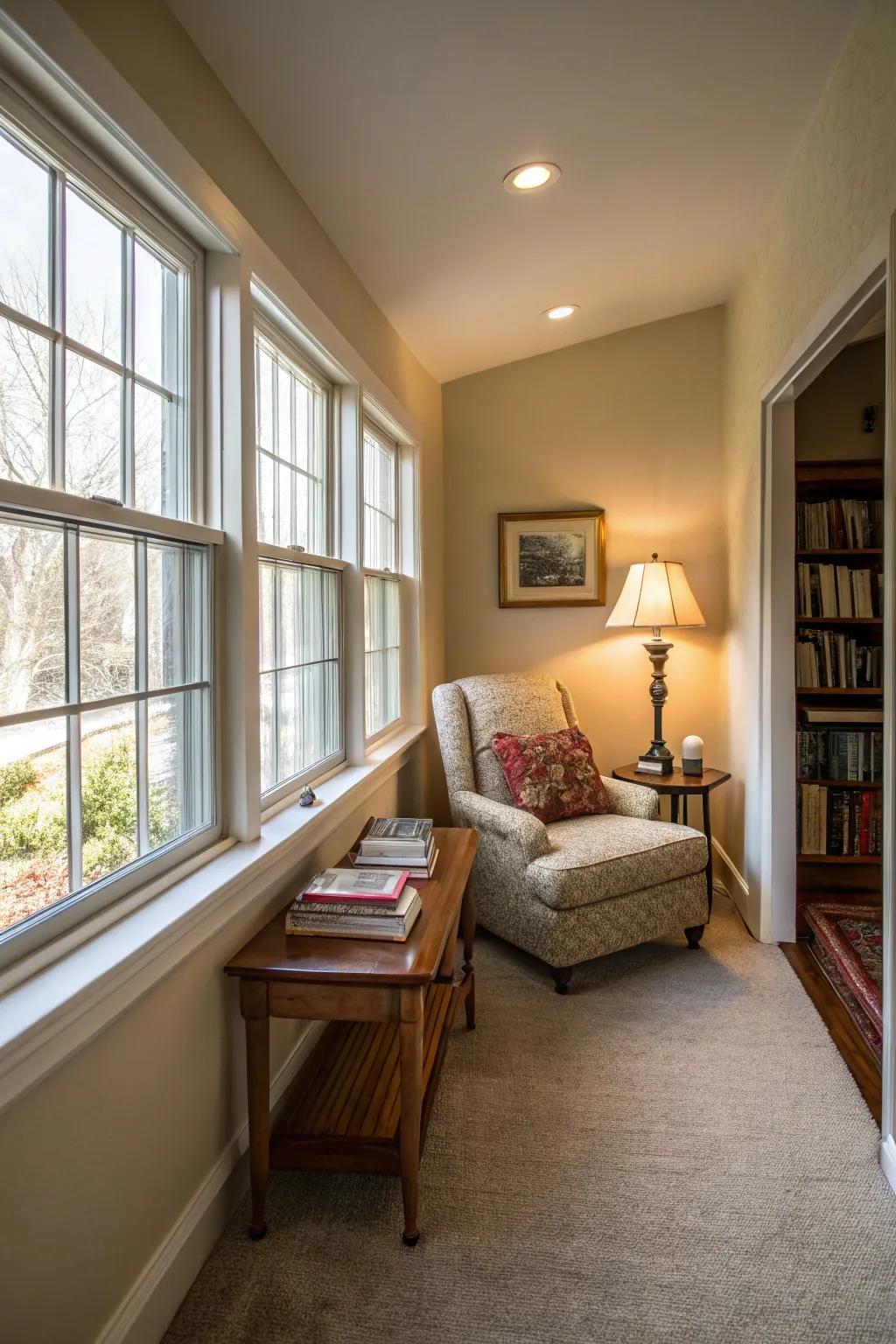 A cozy reading nook adds charm and functionality.