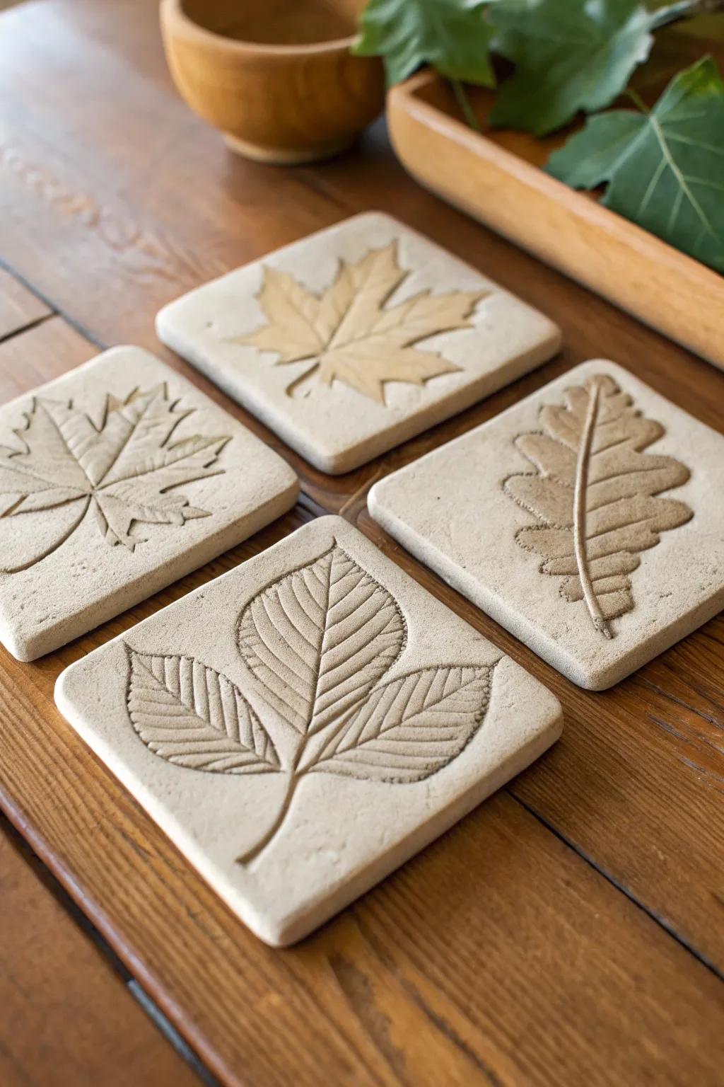 Clay coasters with delicate leaf impressions, perfect for any table.