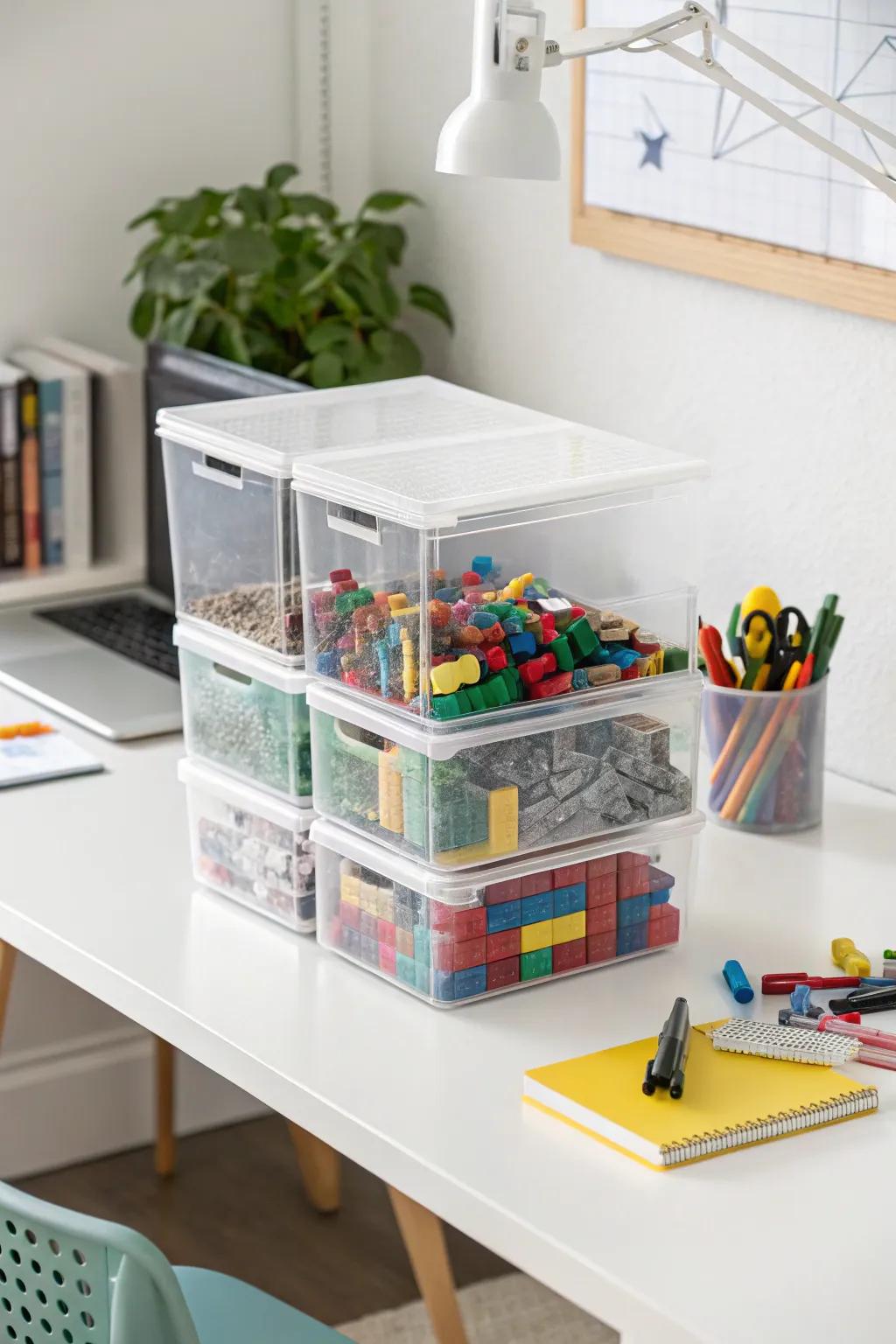 Sleek and modern Lego storage with acrylic containers.