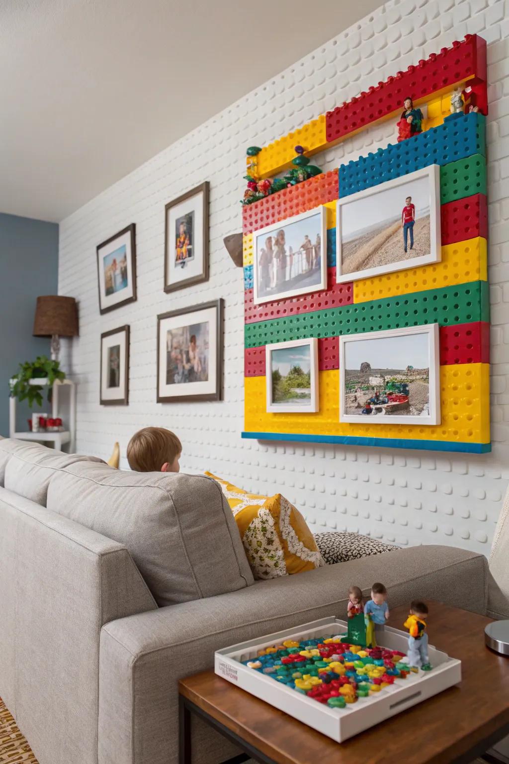 A LEGO storyboard captures family memories in this inviting space.