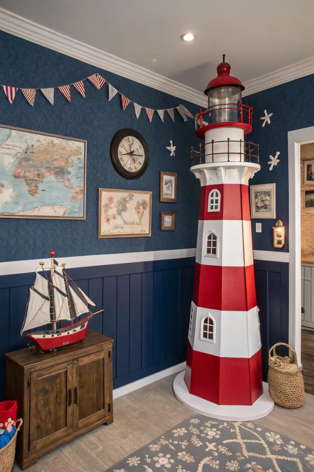 A lighthouse color scheme brings the coastal vibe indoors