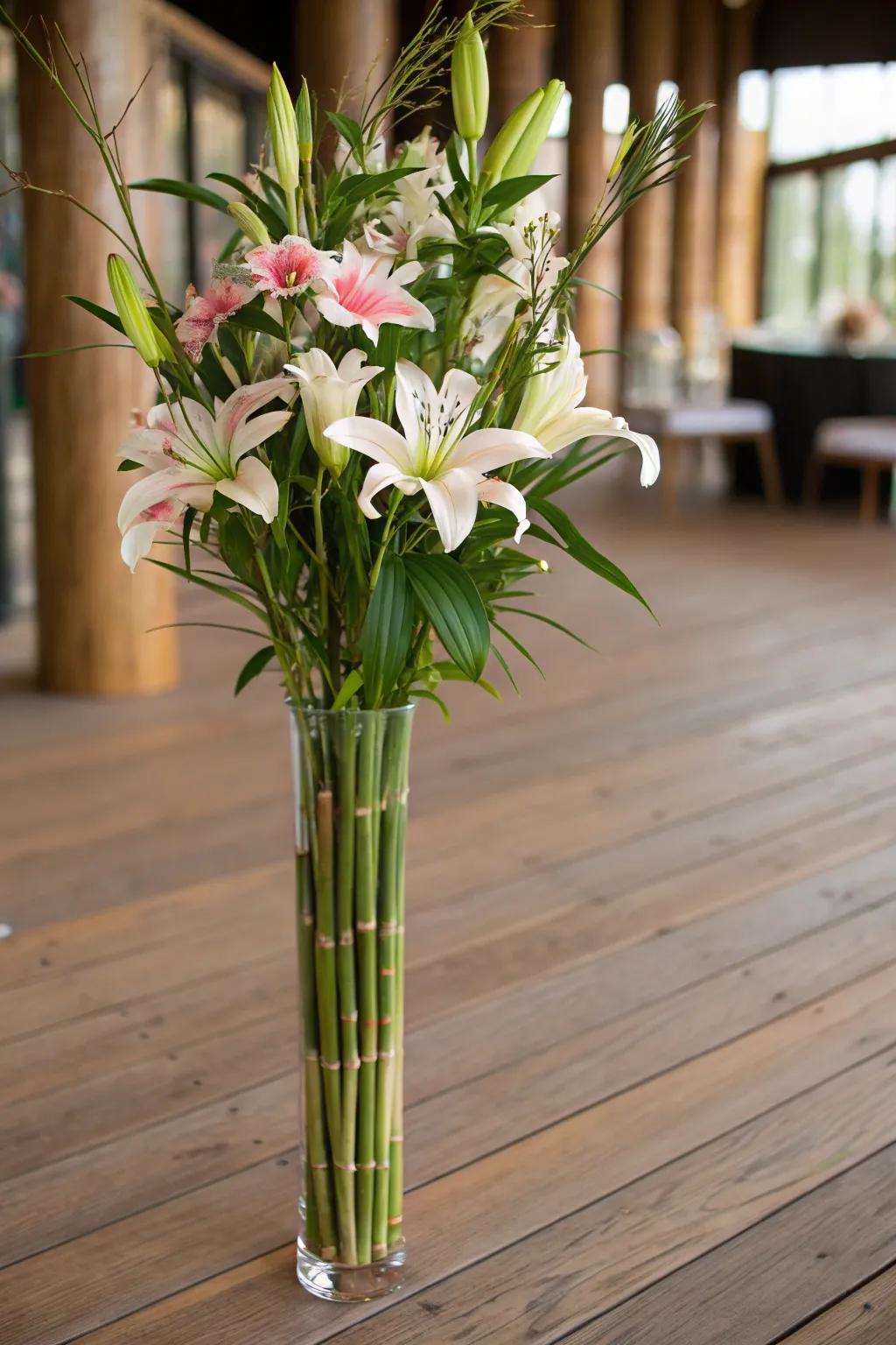 Add drama with a vertical lily and bamboo arrangement.