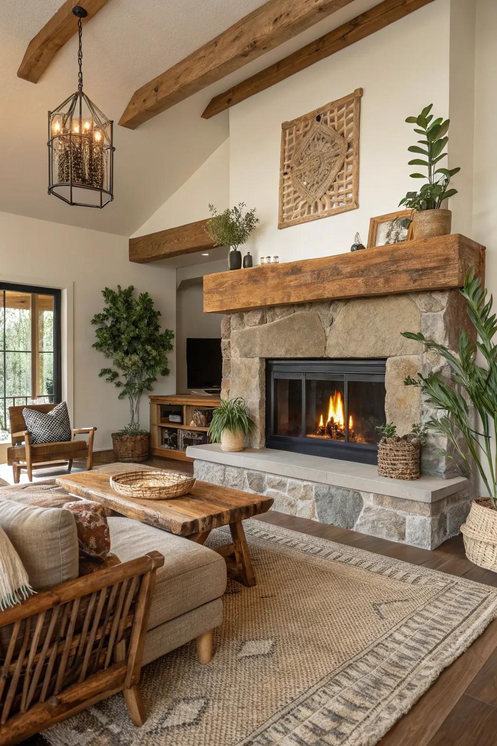 A spacious living room with a chunky live edge mantel as the centerpiece.