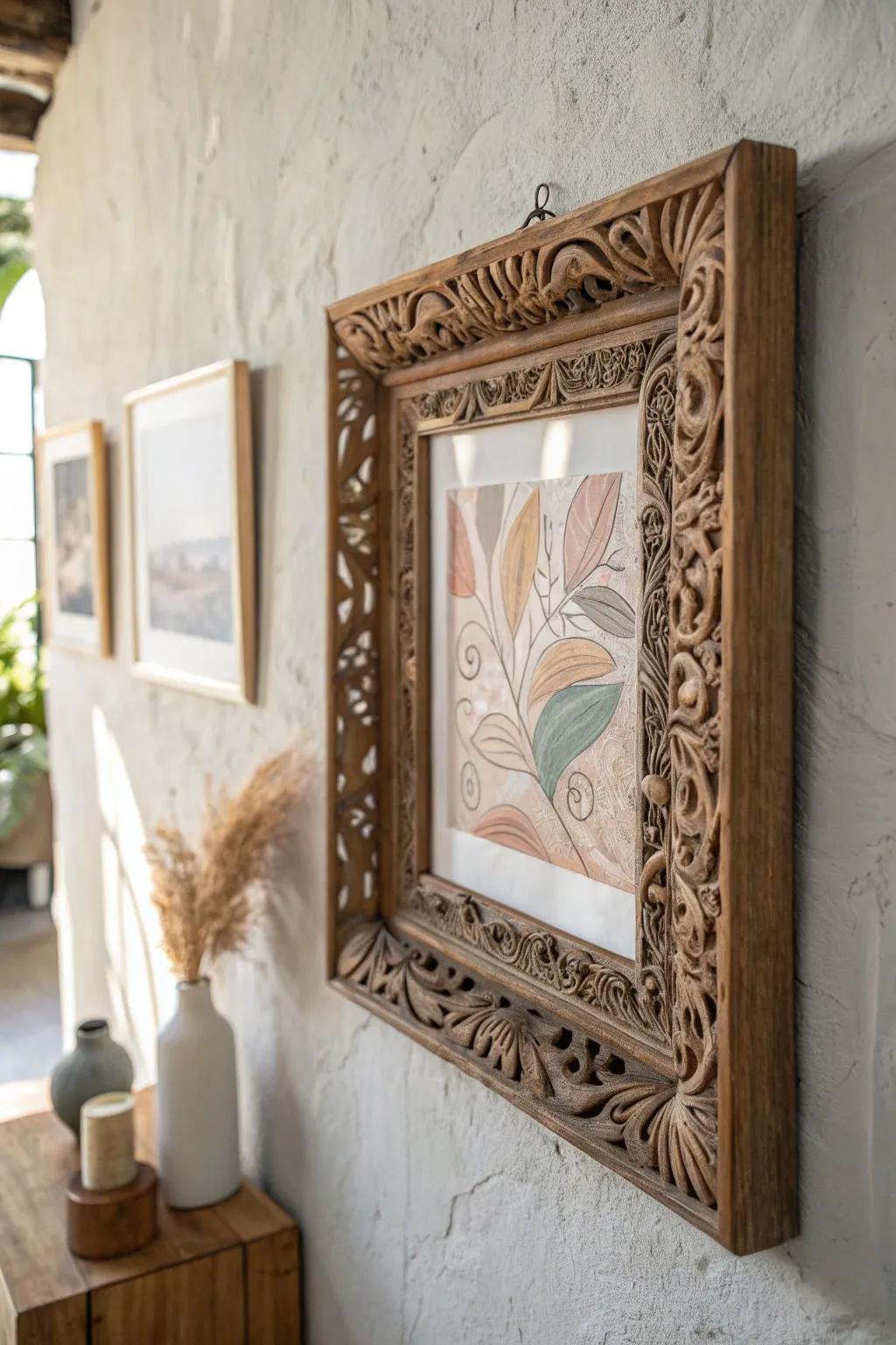 Blend the old with the new: Discover the charm of eclectic wall decor with a vintage frame and modern art.