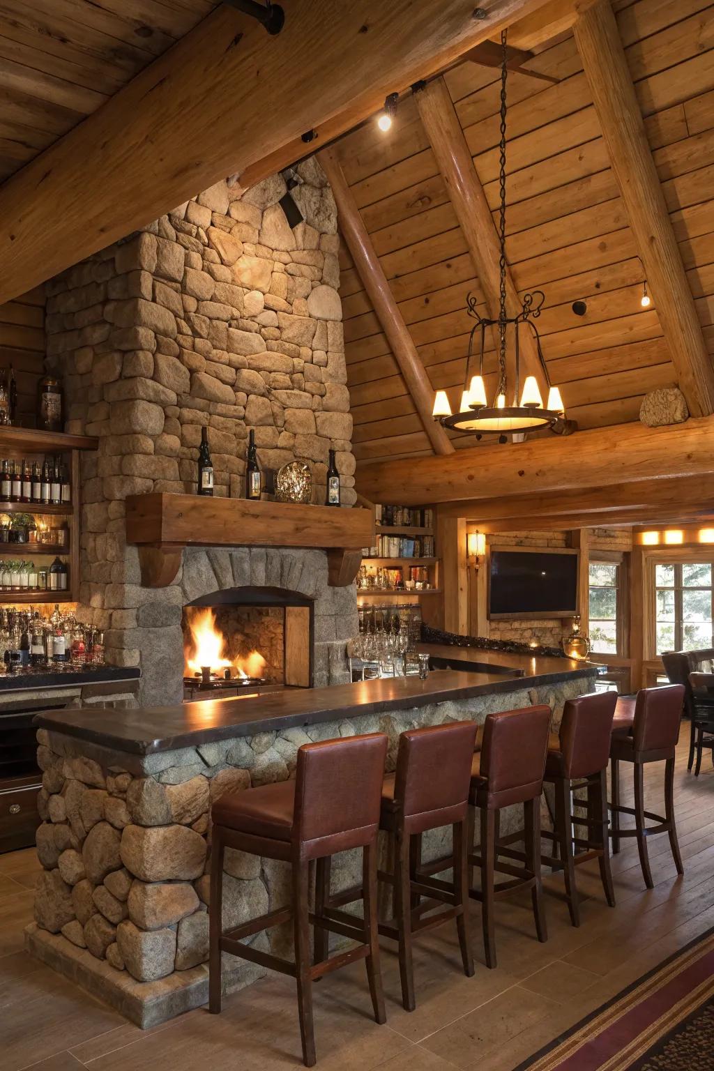 A stone fireplace enhances the warmth and coziness of this log cabin bar.