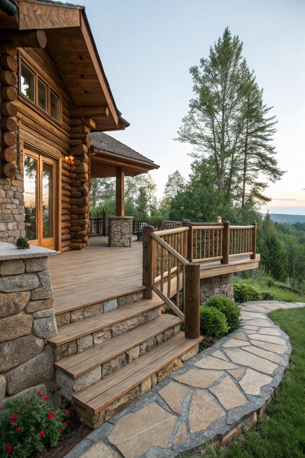 A log cabin deck harmonized with natural stone accents.