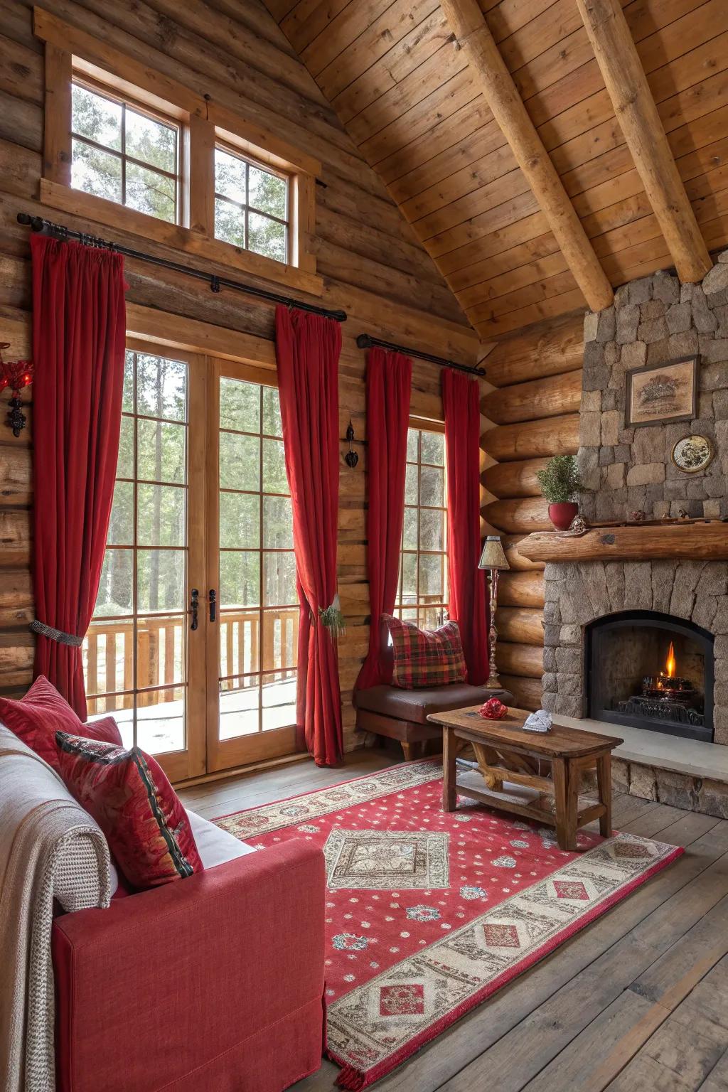 Red accents add energy and warmth to this log cabin interior.