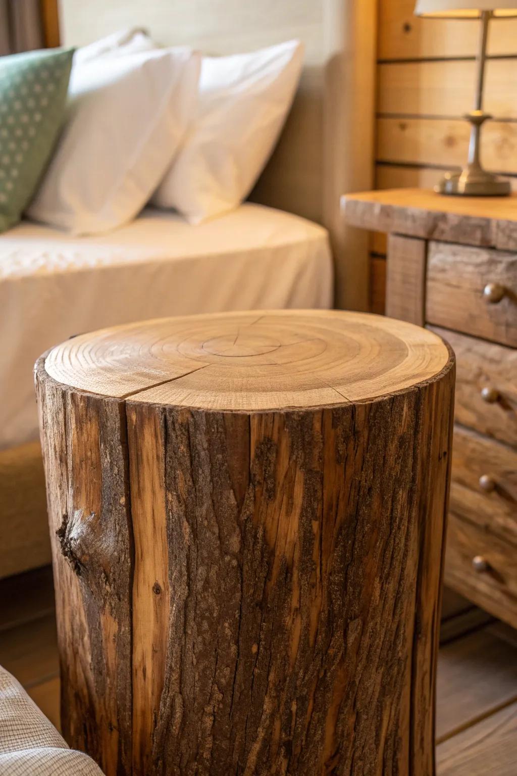 Bring the outdoors inside with a rustic log bedside table, perfect for a cozy bedroom retreat.