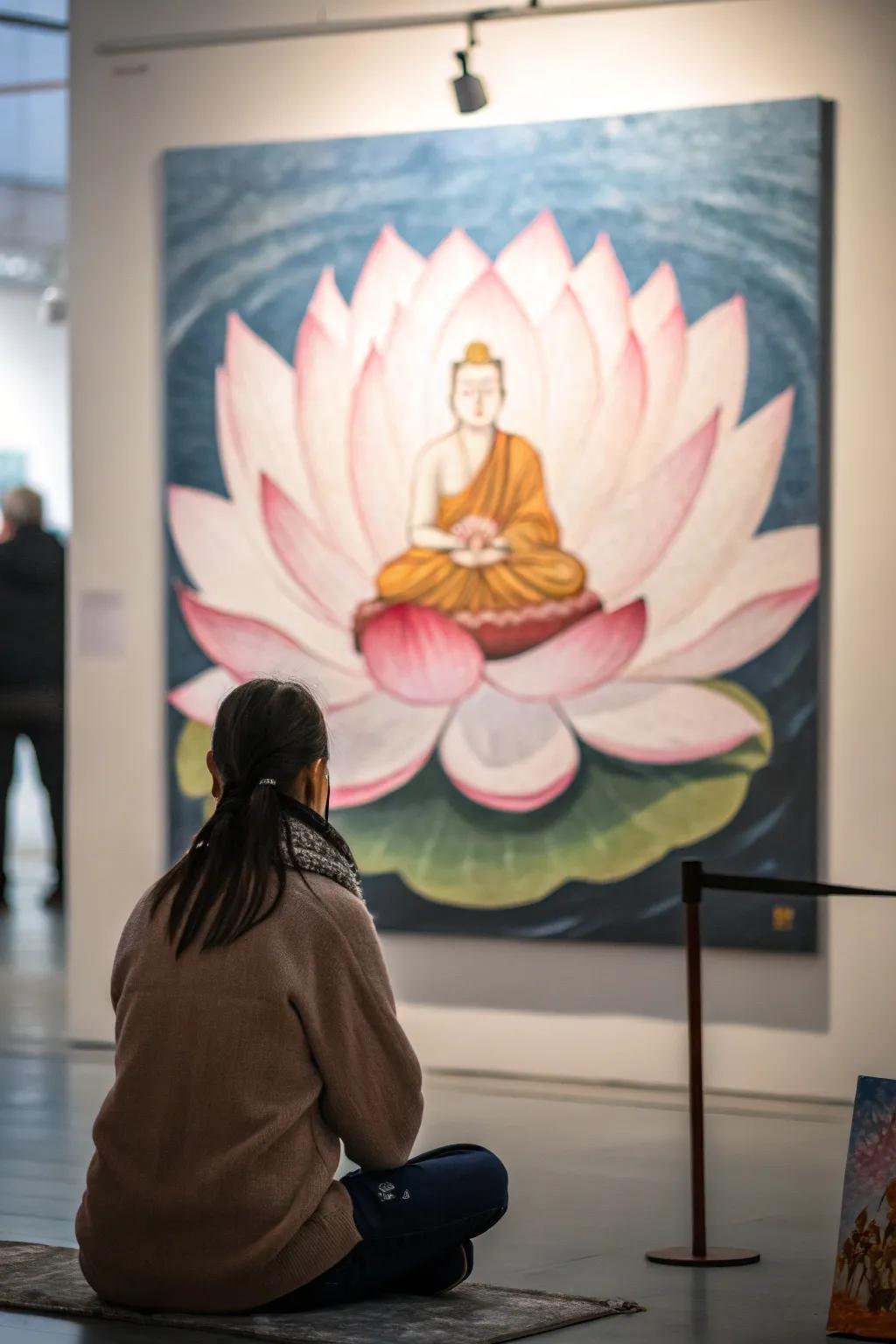 A calming lotus painting with a meditative figure.