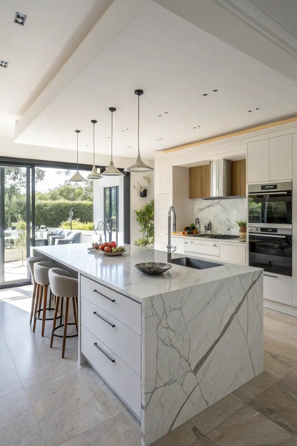 An open kitchen with a grand marble island.