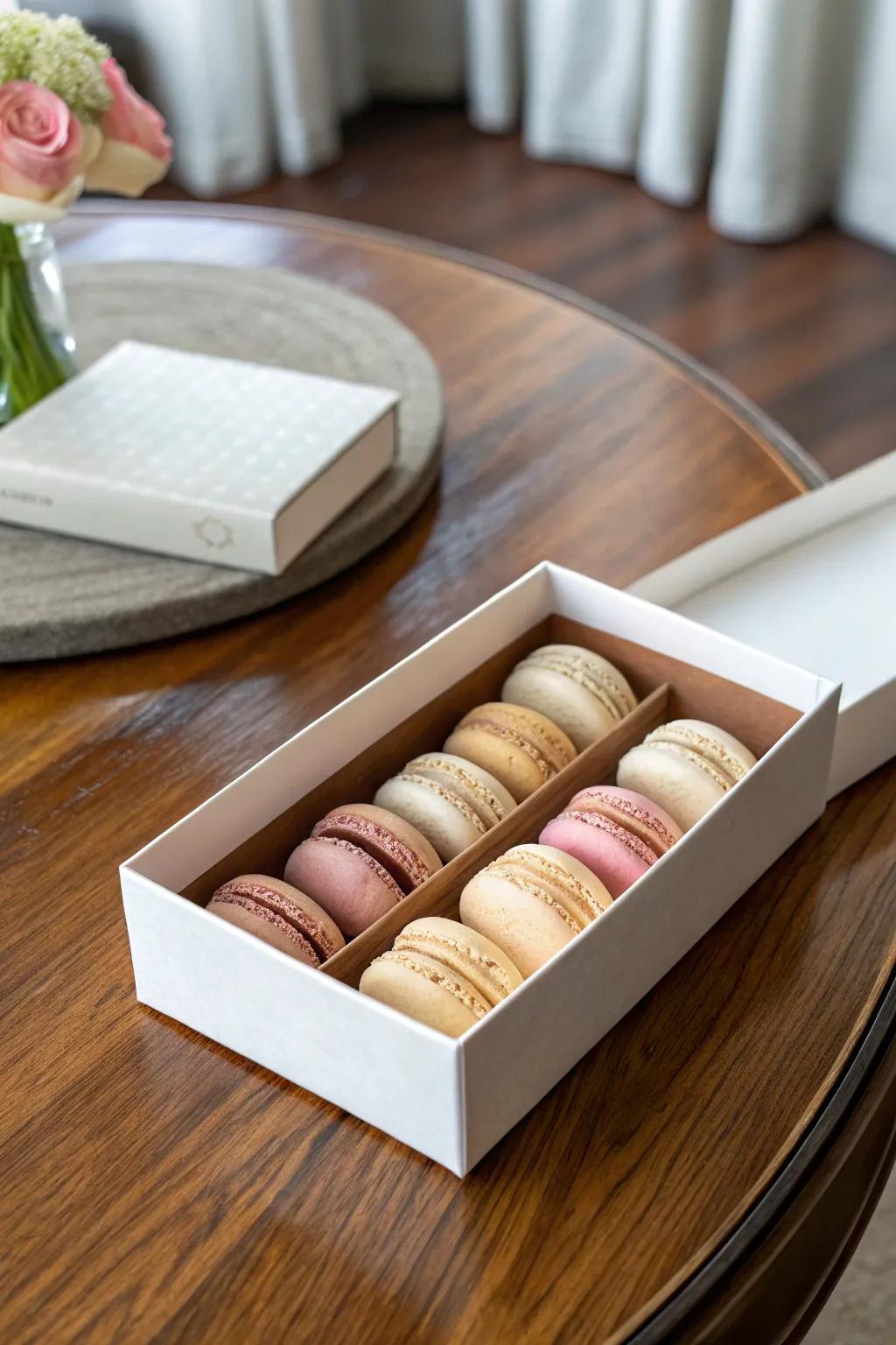 Sleek and sophisticated macaron packaging with magnetic closure.