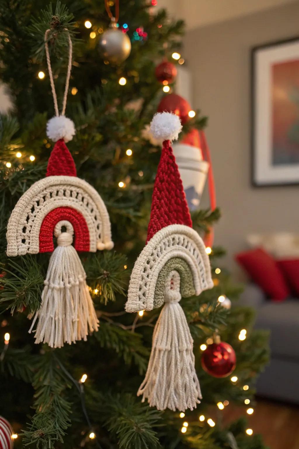 Bring holiday cheer with macrame Santa hat ornaments.