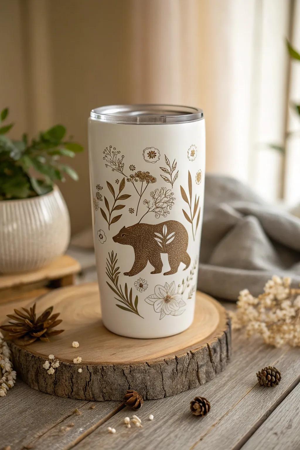 Embrace the wild and gentle with this floral-accented Mama Bear tumbler, a perfect blend of minimalist beauty and boho charm.