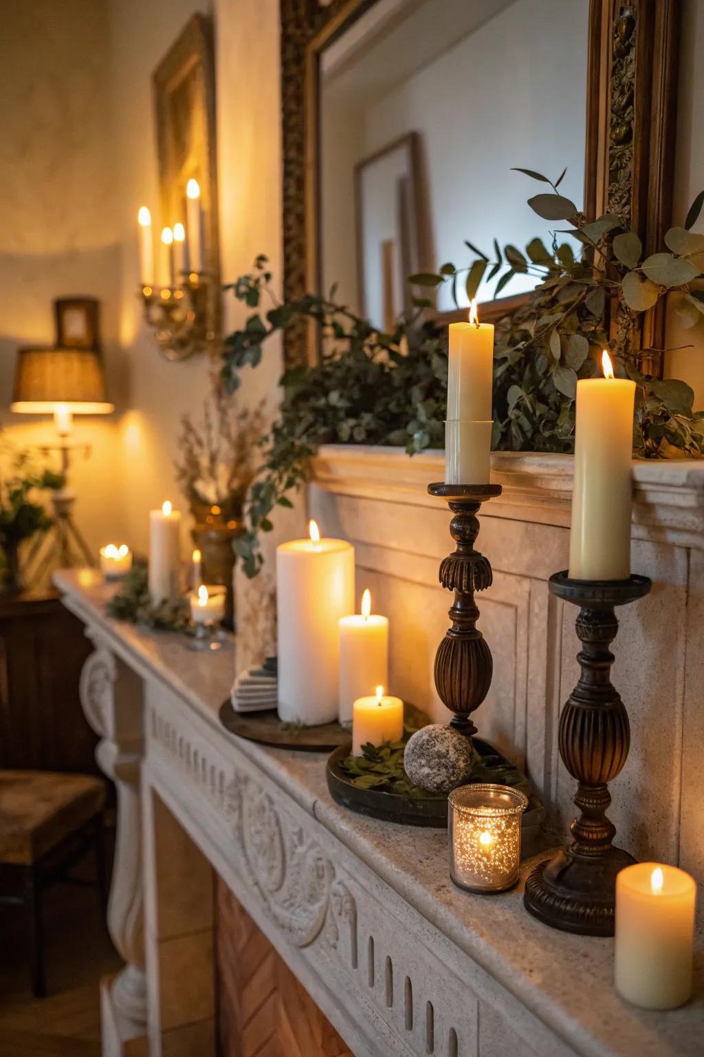 Create a cozy ambiance with candle arrangements.