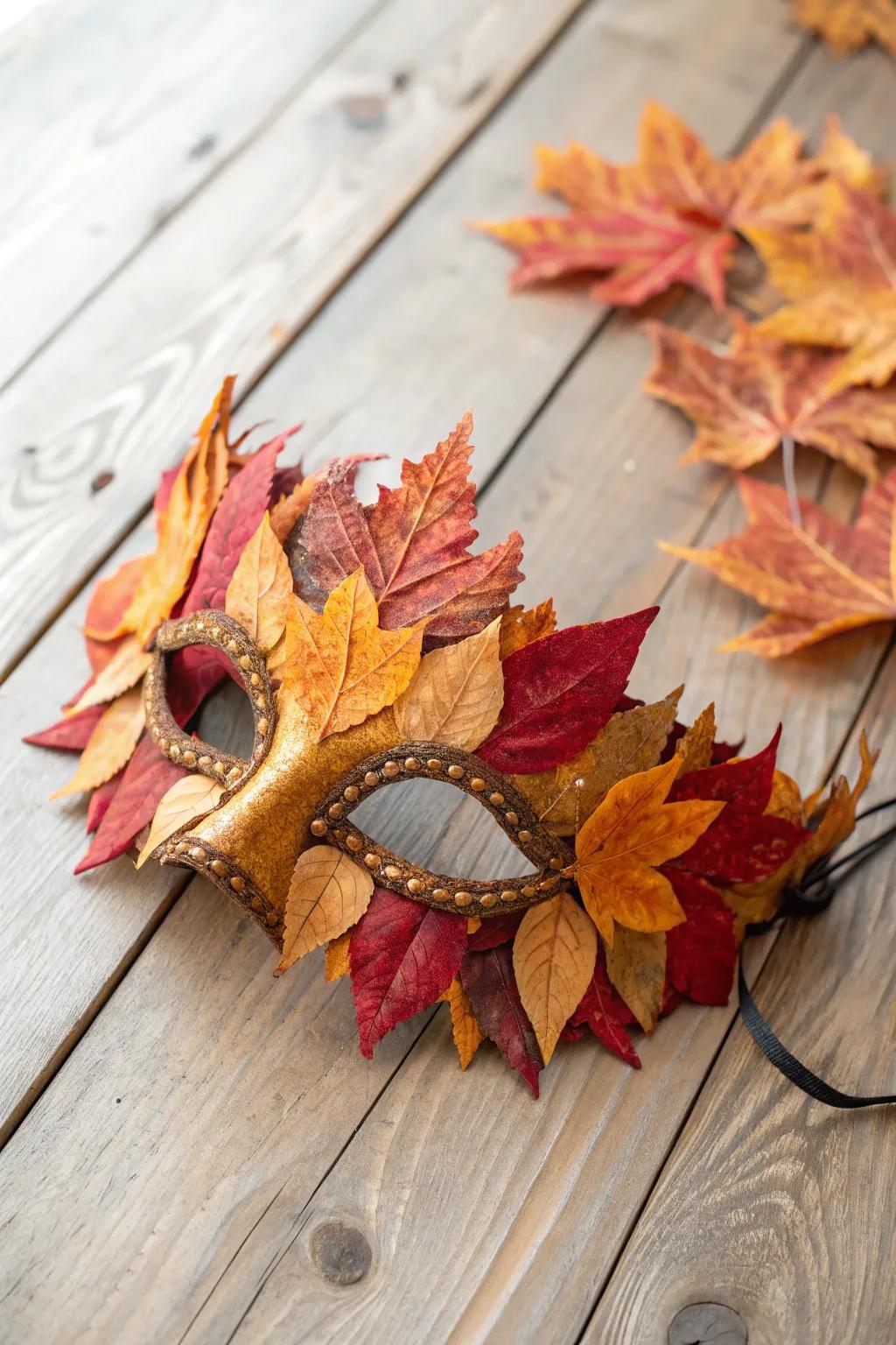 Embrace autumn's warmth with a handcrafted leaf mask, perfect for festive gatherings.